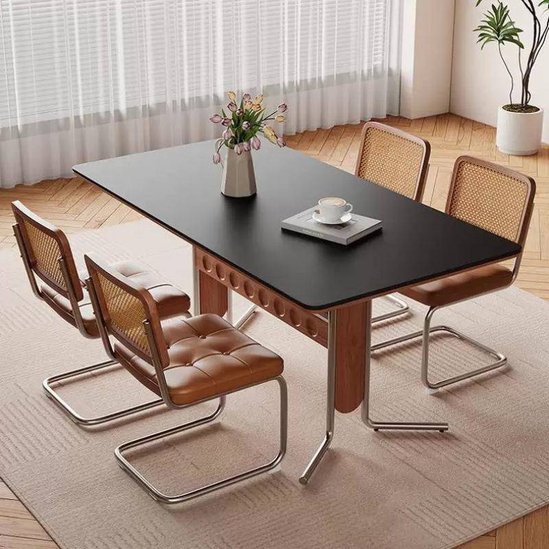 法式复古中古风实简XAX木岩板小餐桌极风胡桃色家用户型餐桌椅格