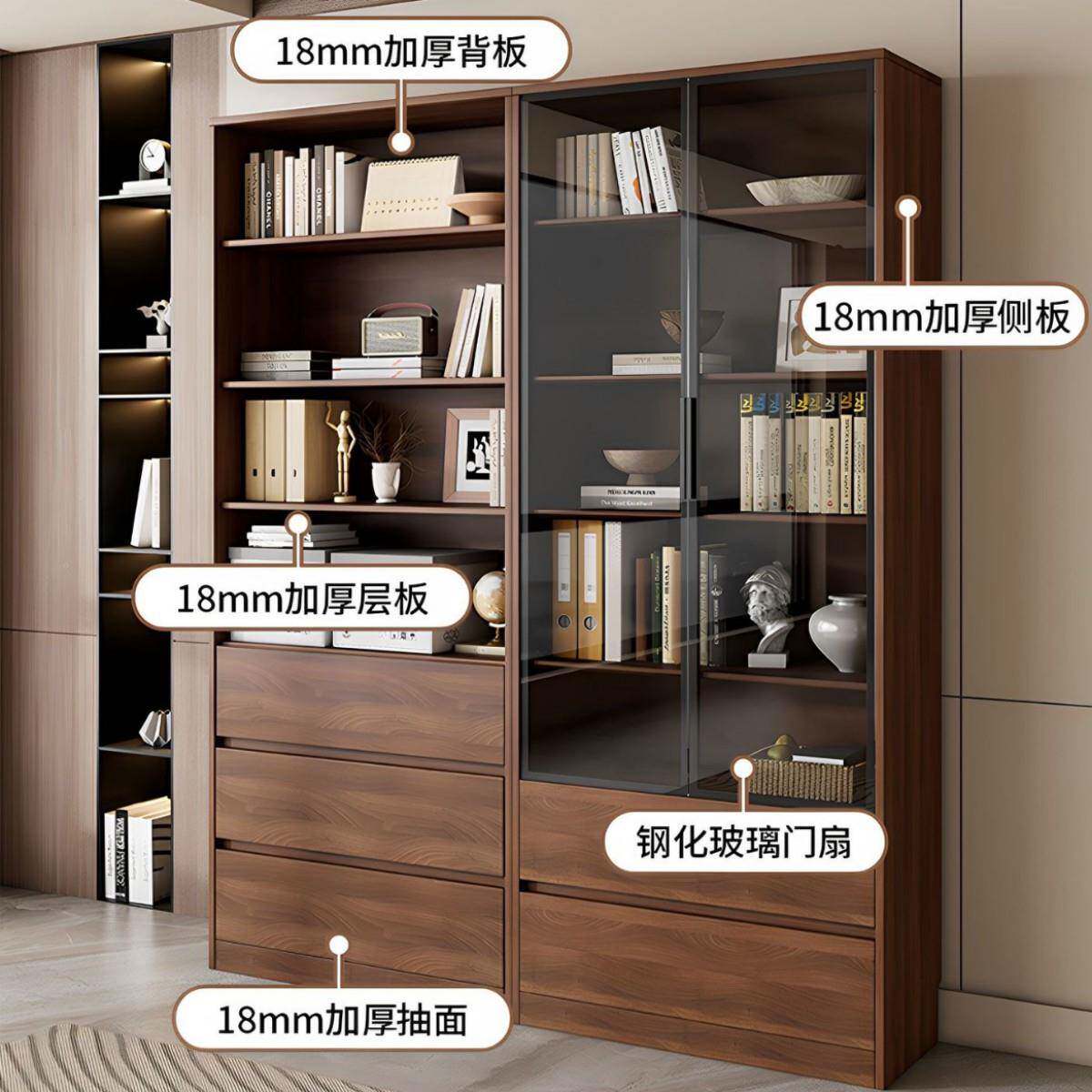 实木书家用IXQ玻璃门柜储物客厅防尘书靠墙架一体展示柜落柜地置