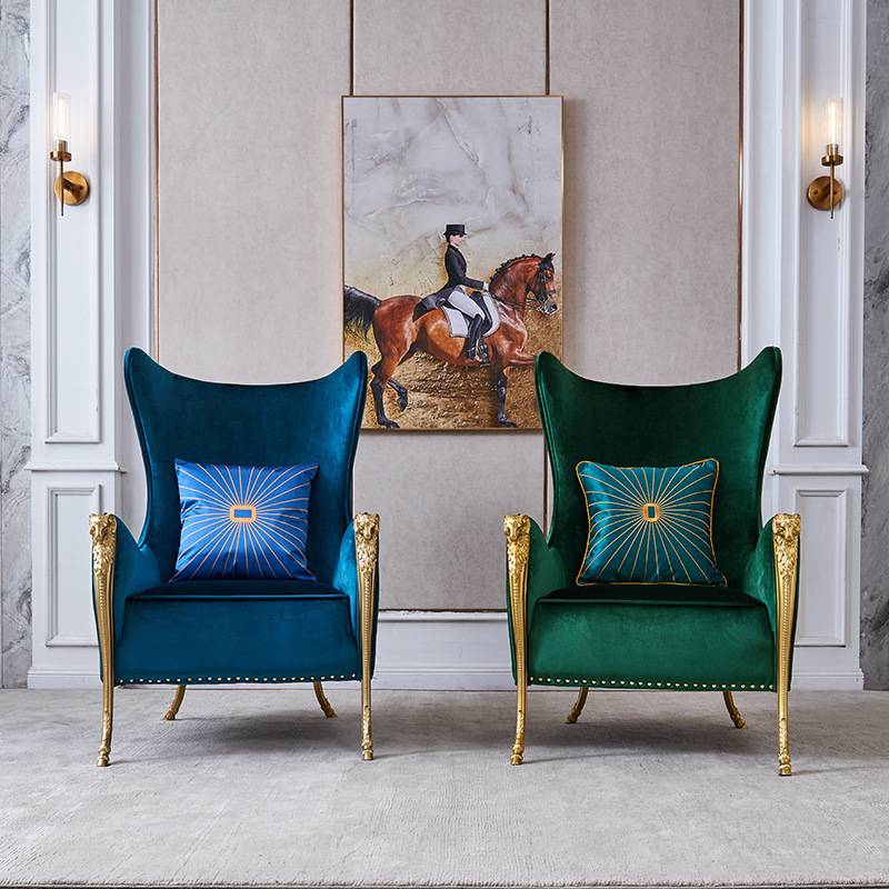 美式轻奢沙发休闲椅单人椅老虎椅客厅绒布复古椅卧室羊头轻奢高端