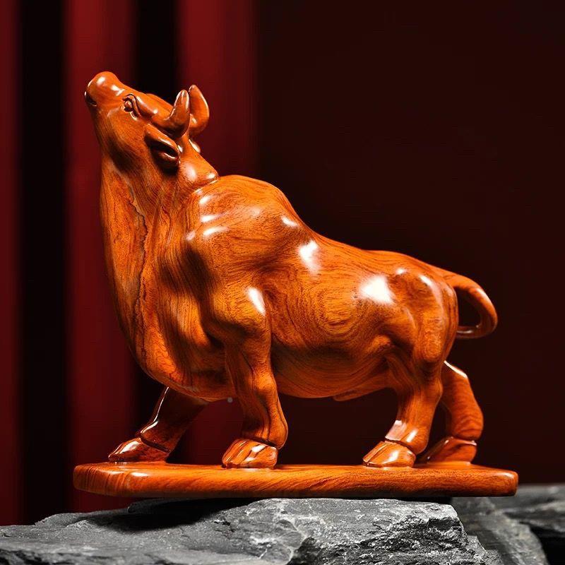 木雕摆件实木牛生ABQ肖雕刻玄关摆设办牛柜公酒务书商架开业工艺