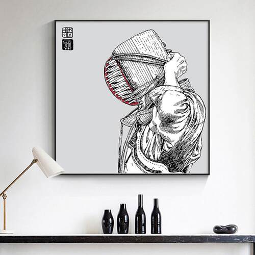 现代简约黑床白简笔击剑人物书房装画挂饰画卧室头方形面具之下壁