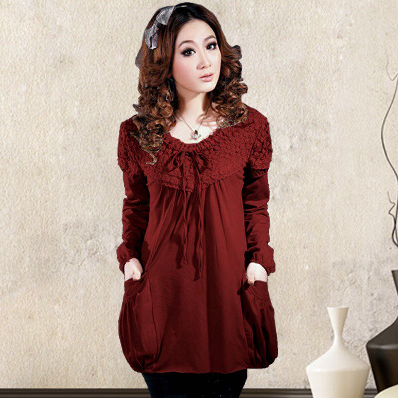 2023春季韩版女装新款大码宽松蕾丝长袖口袋t恤中长款洋气针织衫