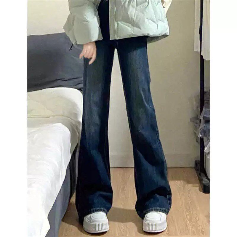 大码复古高腰微喇牛仔裤女胖mm秋冬加绒显瘦宽松小个子阔腿直筒裤