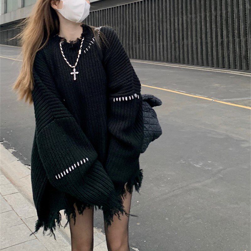 美式慵懒风盖屁股毛衣女春秋套头针织衫宽松外套中长款薄款上衣春