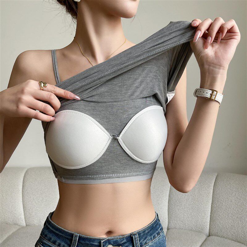 莫尔吊带背心女新款外穿文胸一体式内搭打底带胸垫抹胸美背上衣