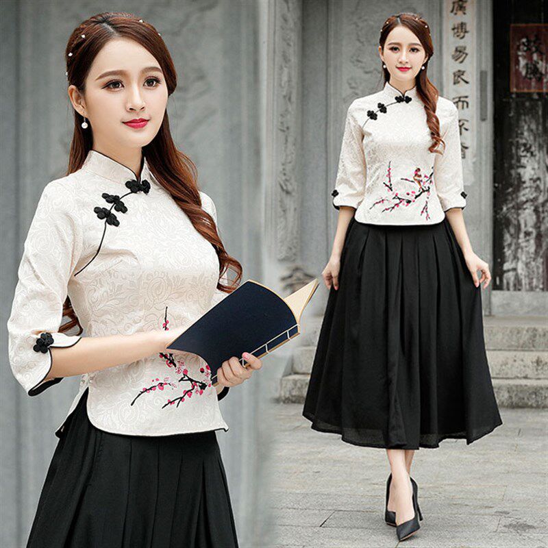夏季绣花中式复古民族中国风茶艺服短袖唐装旗袍女上衣两件套汉服