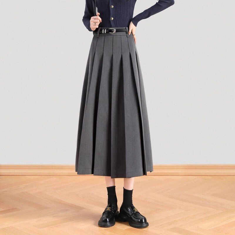 灰色西装半身裙女春秋2024新款高级感气质a字显瘦中长款百褶裙子