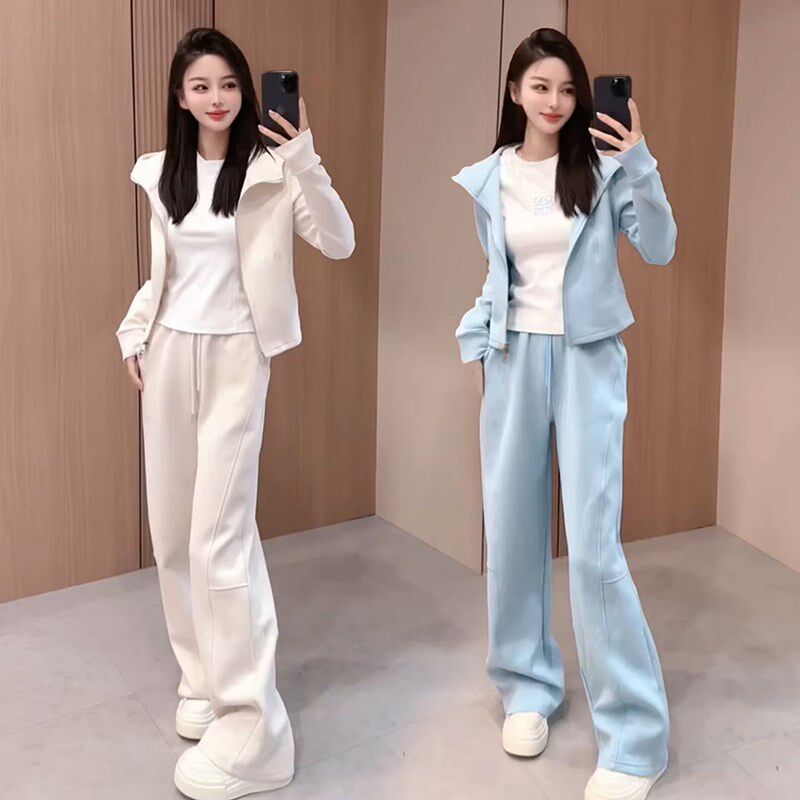 韩版休闲运动服套装女2025春秋新款时尚拉链连帽卫衣阔腿裤两件套