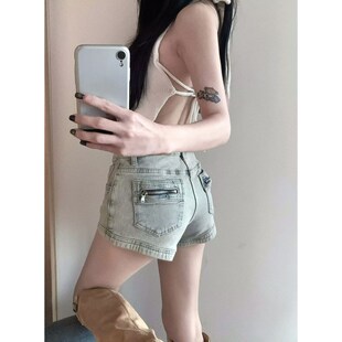 辣妹美式复古牛仔短裤女2024夏季新款腰显瘦设计感A字超短热裤