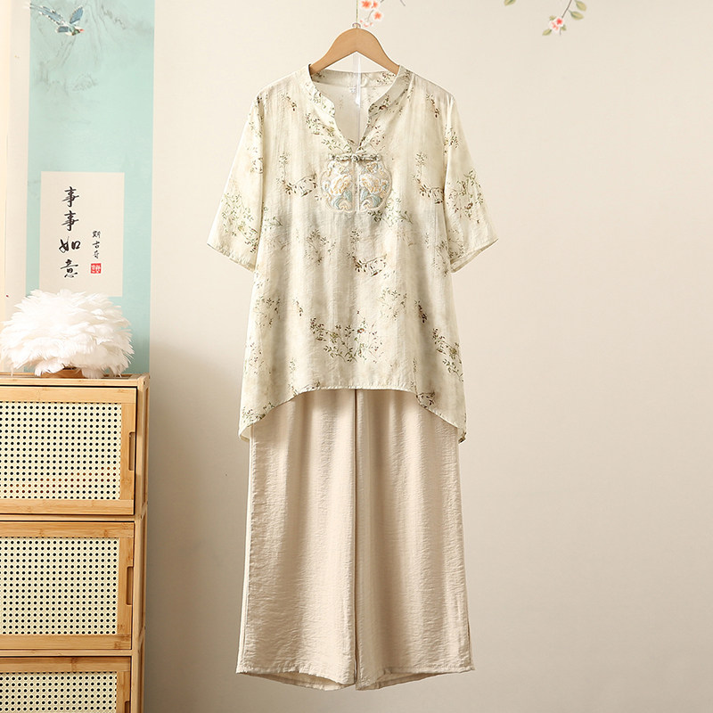 50岁妈妈夏装套装薄款圆领短袖上衣中老年女新款阔腿裤两件套洋派