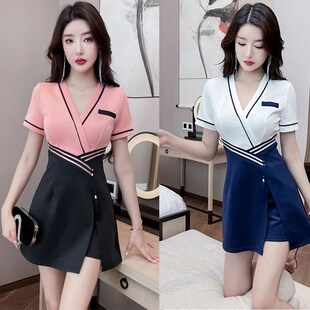 修身 两件套 上班服女按摩水疗足浴显瘦气质遮肚包臀连衣裙v领裙裤