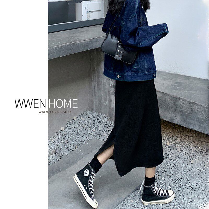 黑色毛呢半身裙女秋冬高腰显瘦胖mm大码a字开叉西装裙中长款裙子