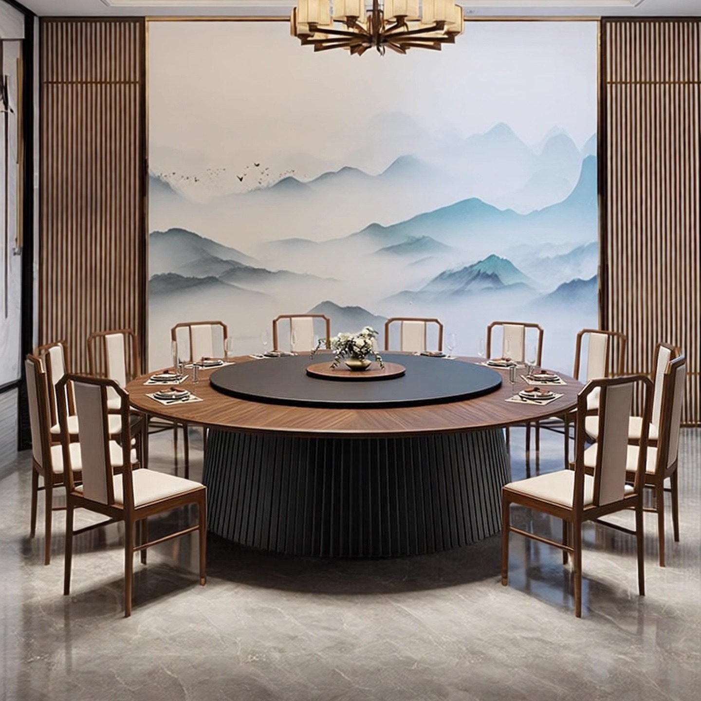 现代极简酒店岩板电动餐桌大圆桌