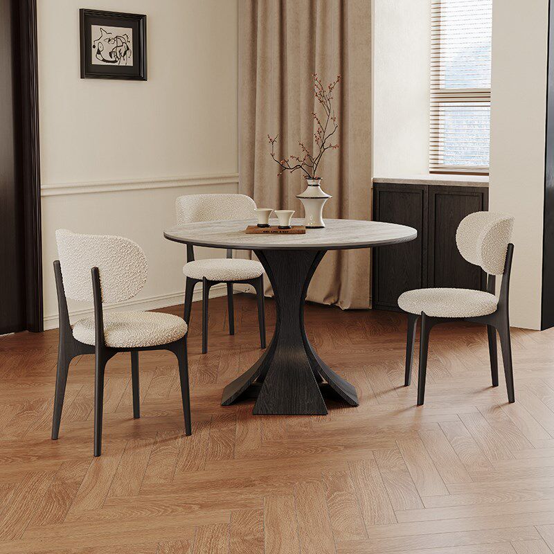 法式复古洞石岩板餐桌小户型现代家用轻奢高O端1米实木圆形餐桌