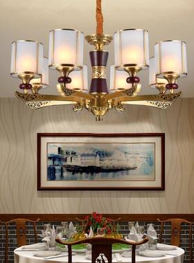 程全复式楼客厅铜大吊34891灯新中式别墅楼大厅中空梯长吊灯酒店