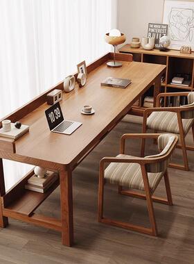 长条桌子靠工墙实奶油ARV风纯白木双人窄卧书桌室双层办公作台电