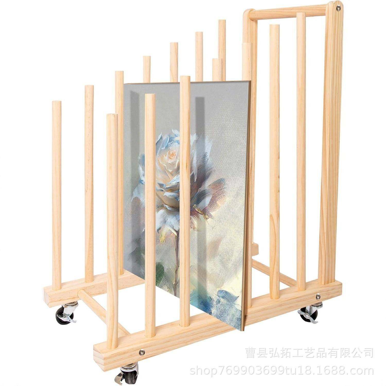 木架质画画作品置物架晾干架带画轮滑可移动制木画板收纳油艺术品