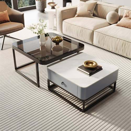 意轻MKS奢亮面玻岩板方形几璃现代简约客厅式家用茶几桌茶子大小