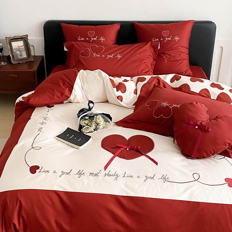 新0婚庆四件套全X14棉10s用长绒爱心蝴蝶结刺绣结婚被棉套床单床
