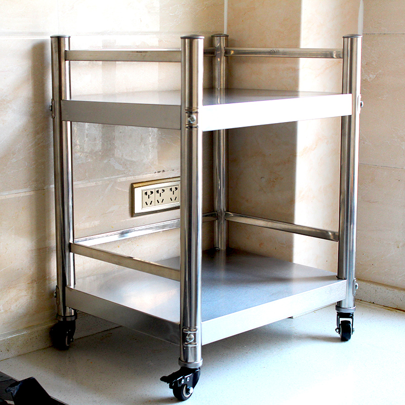 带轮子不锈钢厨房置物架二层护栏款微波炉架锅架调料架落地收纳架