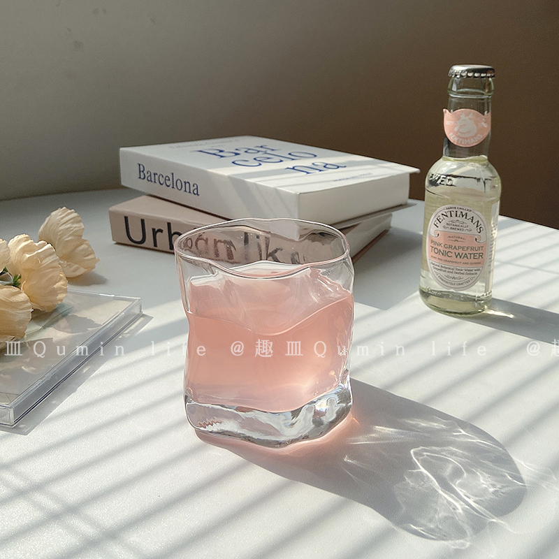 少女ins风不规则酒杯小众设计玻璃杯子复古咖啡牛奶透明褶皱杯