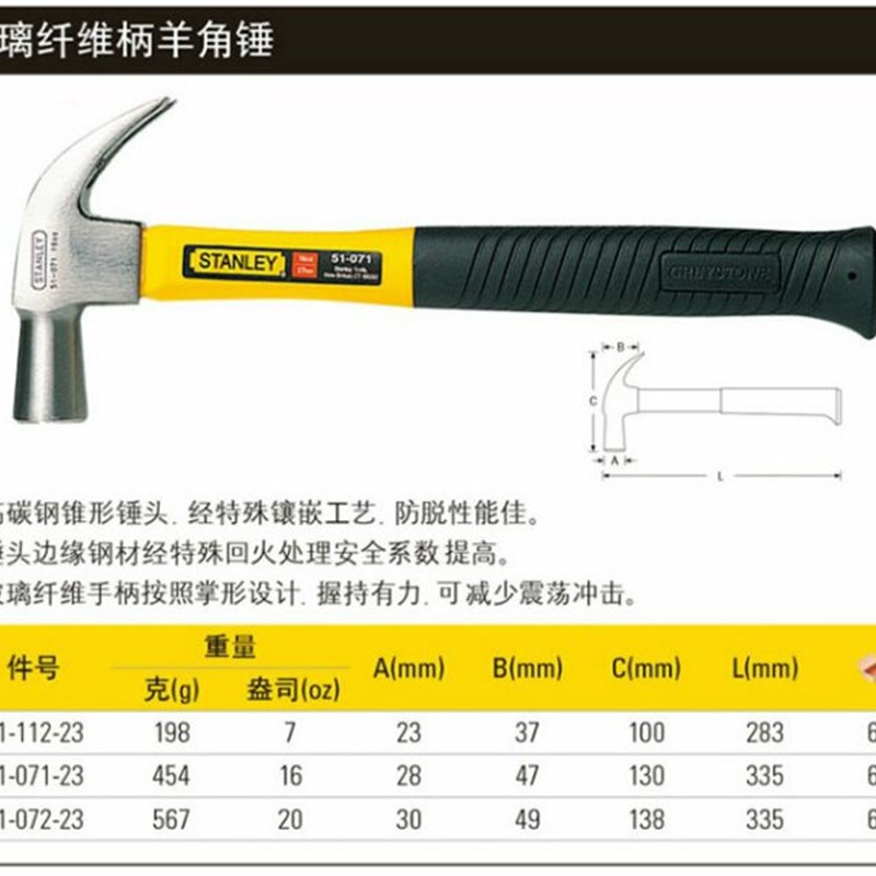 史丹利 玻璃纤维柄羊角锤  1P 1.25P 1磅 1.25磅  51-112 071 072