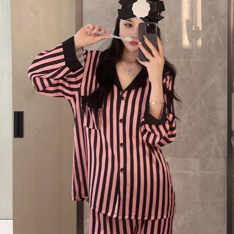 2024新款睡衣女款春秋季冰丝长袖套装真丝绸小众条纹可外穿家居服