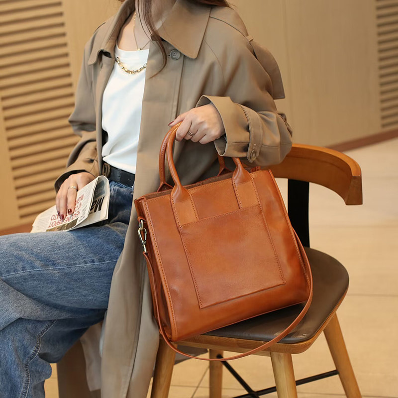 2023新款真皮宽肩带斜挎手提包托特女包头层牛皮大容量包包女百搭