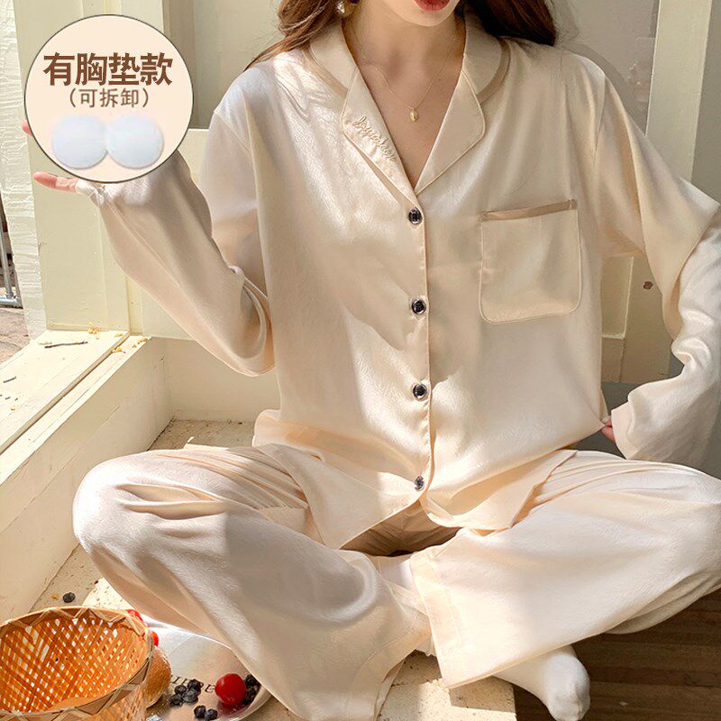 2023新款宽松冰丝睡衣女春秋长袖带胸垫学生高级可外穿家居服套装