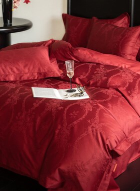 新中式1b00支长绒棉备婚四件套全棉提花结婚庆被套红色床上品