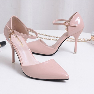 313233码 尖头细跟一字扣带裸色包头高跟鞋 配裙子凉鞋 显高小码 女鞋