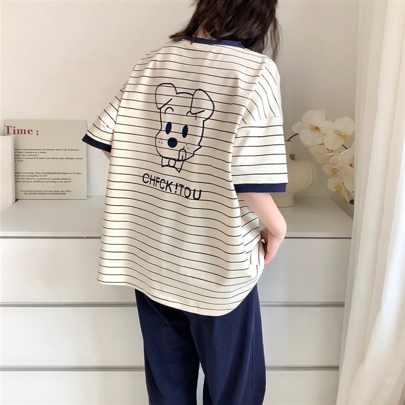 可爱狗狗条纹纯棉短袖长裤睡衣套装女春夏宽松休闲可外穿家居服