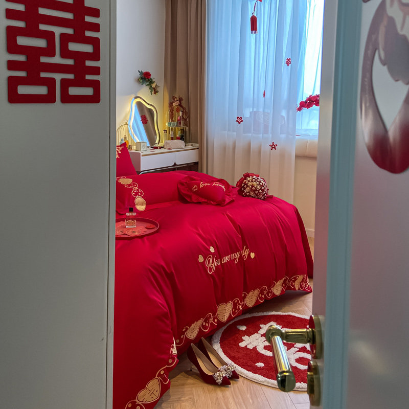 新婚庆四件组大红色全棉s刺绣结婚床品双人婚嫁八件套被套喜被