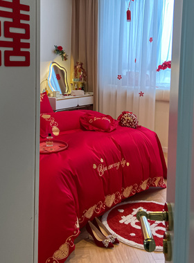 新婚庆四件组大红色全棉s刺绣结婚床品双人婚嫁八件套被套喜被