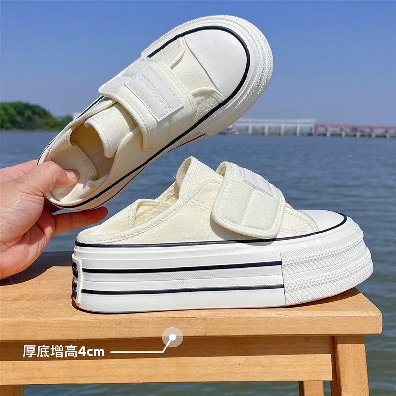 厚底两穿小白鞋女2023夏季新款魔术贴一脚蹬懒人鞋增高半拖帆布鞋