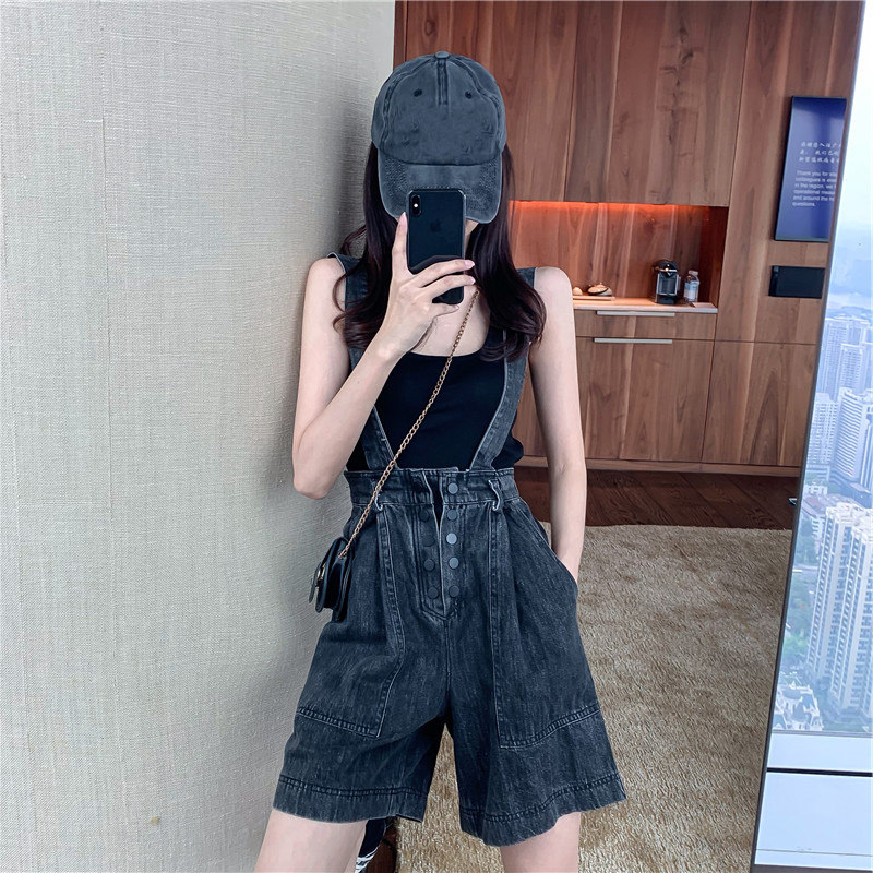 2021年牛仔背带l裤短款炸街两件套装女夏轻熟赫Q本风气质女神范衣