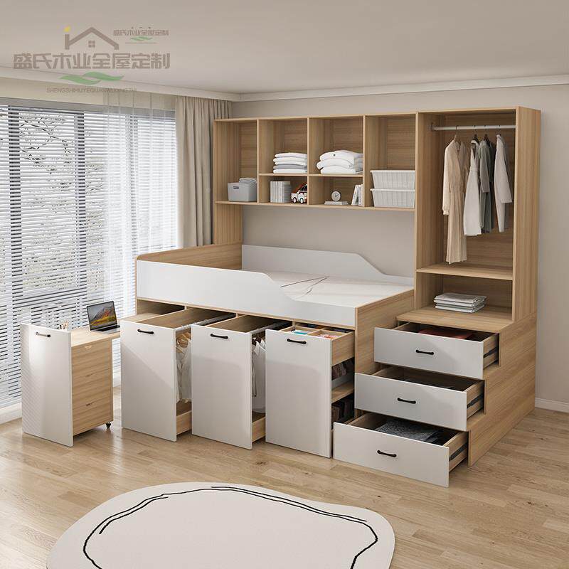 L木*实上床下衣柜带高OIU箱半小户型小卧室书桌一体合多功能儿童