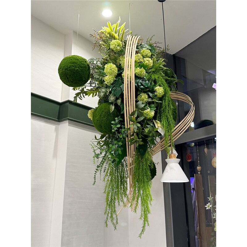 大型绿植软装花艺悬空插花商场真植物吊饰青苔球竹编橱窗装饰