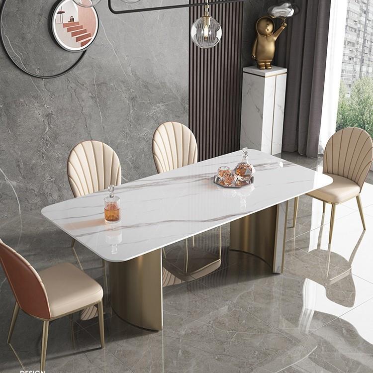 轻奢形岩板餐桌家用户型桌子现代简约长方3高端FCE饭桌小椅组合M7