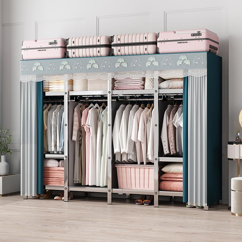 纱帘布不锈钢衣柜全钢架家用双人加厚钢管宿舍衣橱挂衣架结实稳固