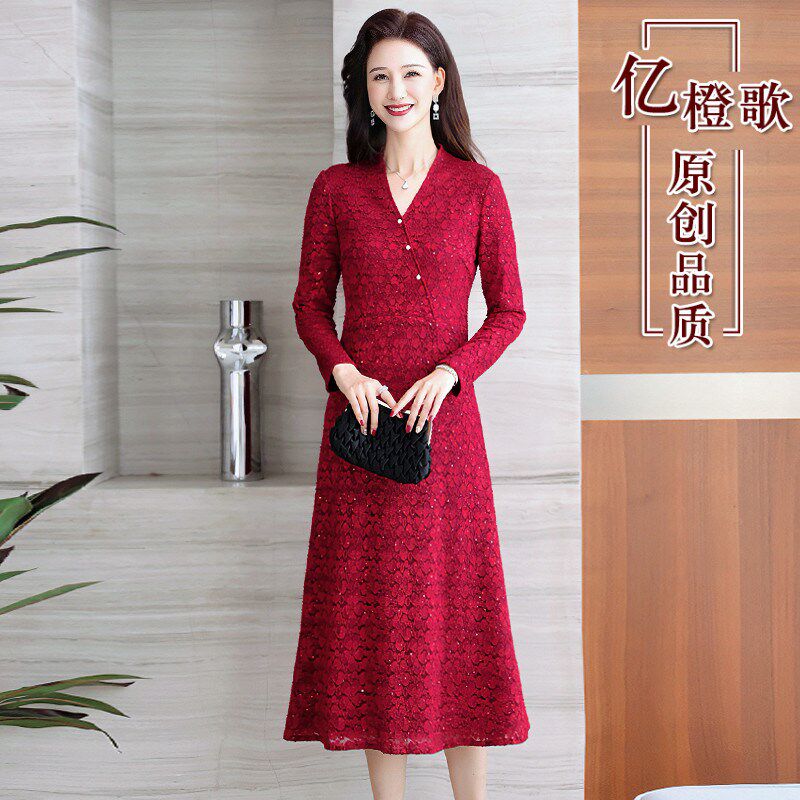 红色蕾丝礼服洋气修身气质十一婚宴喜婆婆妈妈中长连衣裙平时可穿