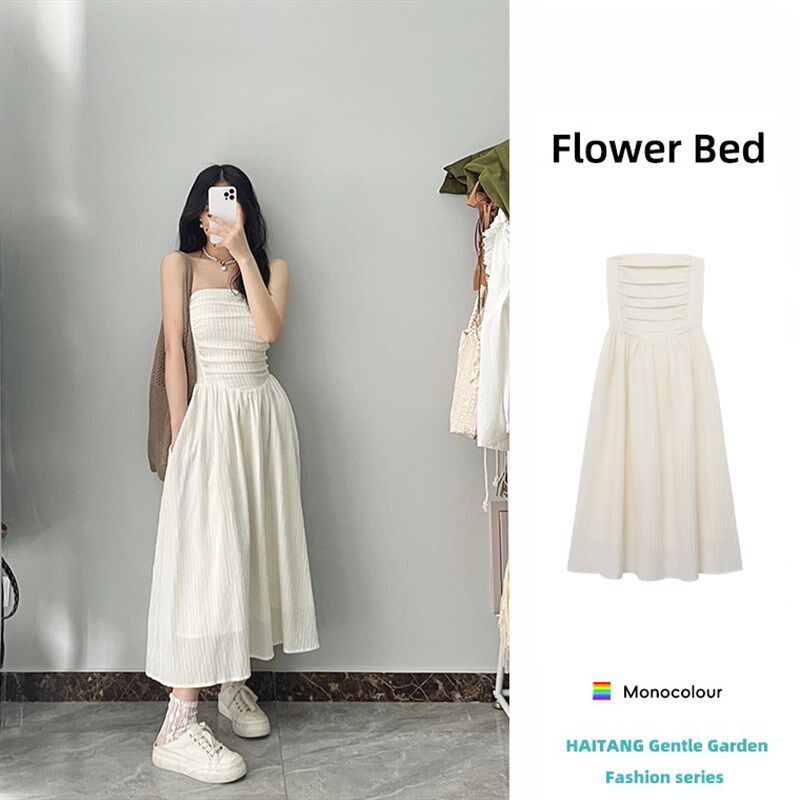 2024新款夏季韩版宽松高级感收腰褶皱抹胸长裙小个子显瘦连衣裙女