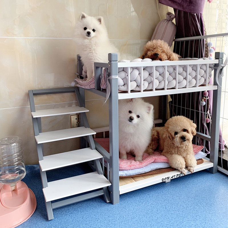 狗床实木公主床猫咪床狗狗上下铺宠物G双层床高低床猫狗窝白色灰