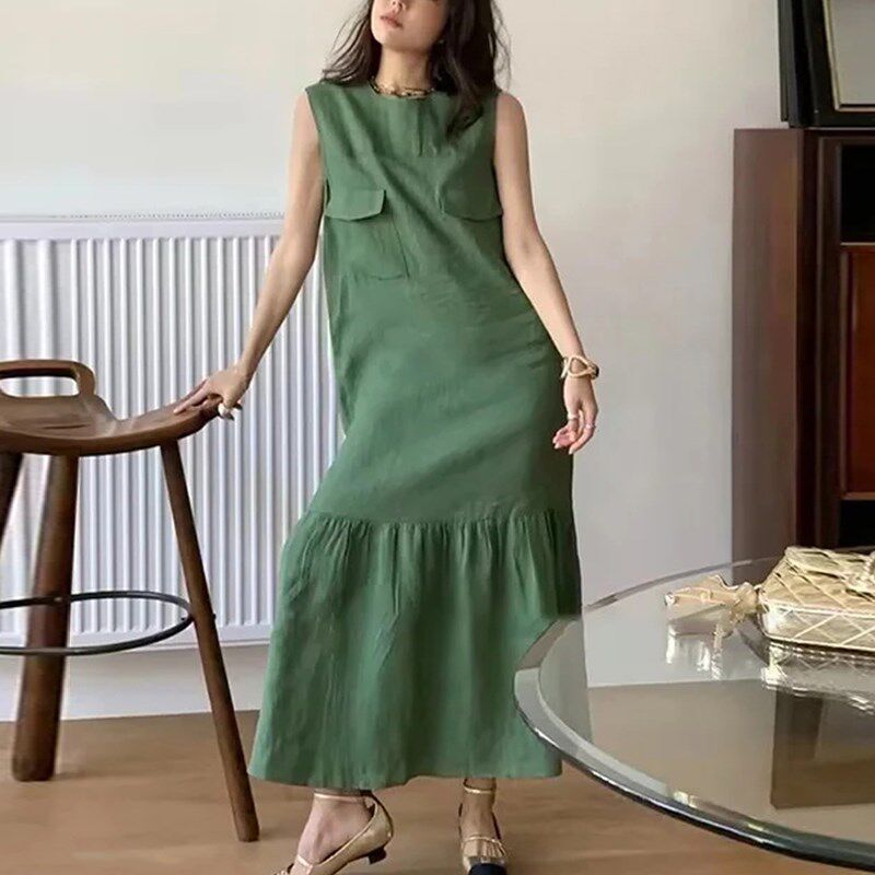 100%亚麻新中式宽松气质褶皱鱼尾裙长款套头无袖连衣裙黑色背心裙