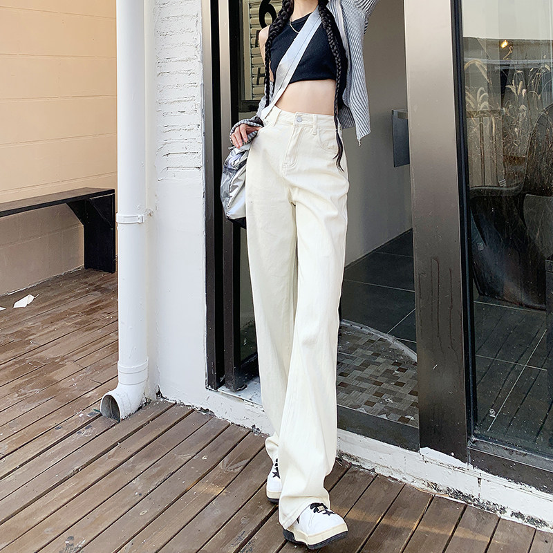 米白色窄版阔腿牛仔裤女高腰显瘦小个子春秋2025宽松直筒拖地裤子