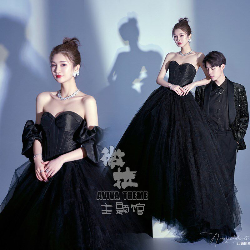 2021薇拉新款影楼韩式主题拍摄服装抹胸蓬蓬裙长拖尾黑色婚纱礼服