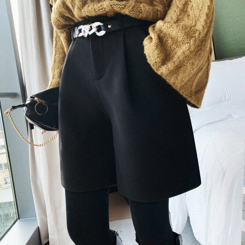 西装阔腿裤毛呢短裤女秋冬外穿高腰五分裤2021爆款中裤加厚裤子冬