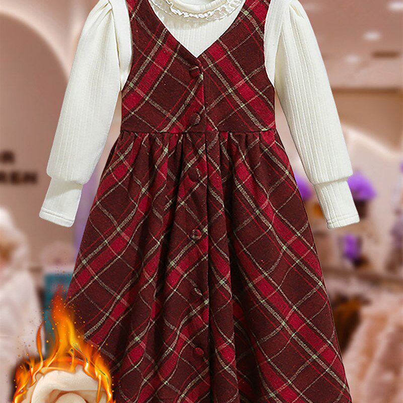 女童毛呢连衣裙秋冬2025新款儿童加绒格子背心裙套装新年红色裙子