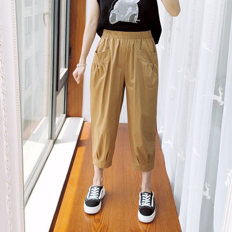 大码萝卜裤女胖mm八分200斤夏小个子纯棉薄款大口袋七分哈伦裤潮