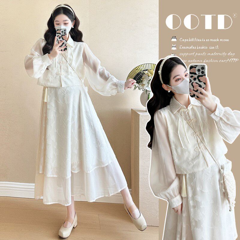 孕妇装新中式改良旗袍国风套装连衣裙女汉服中长裙子2025春夏新款